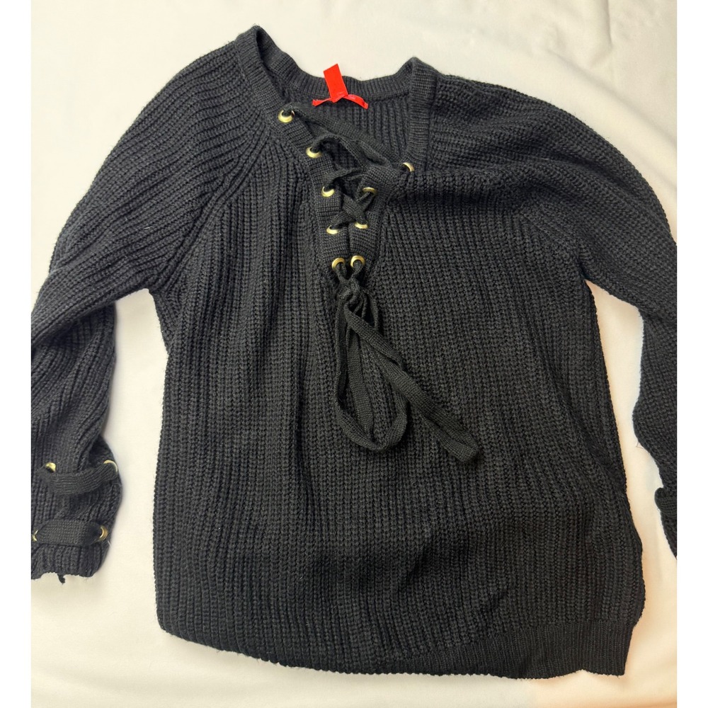 Catherine Malandrino Black Lace Up Grommet Ribbed Knit Sweater Womens Medium